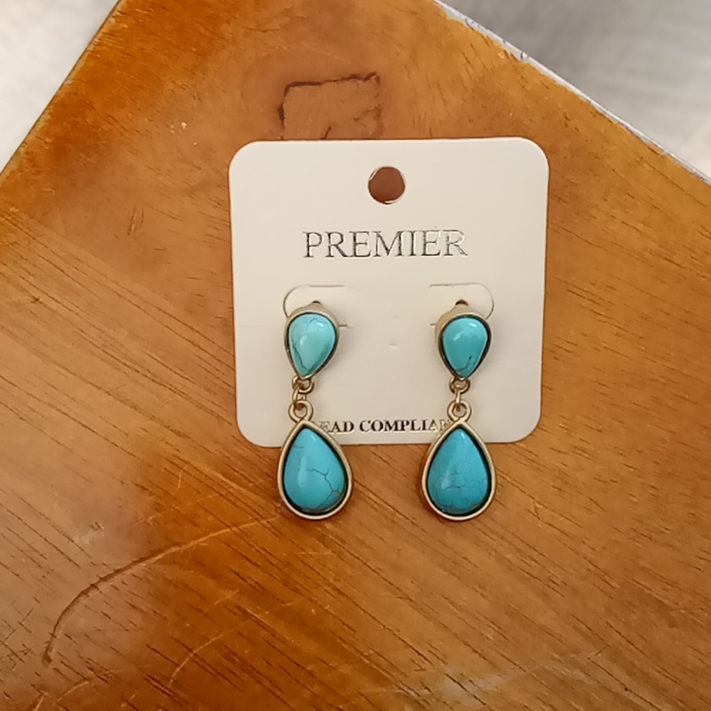 Premier Designs turquoise drop earrings, gold tone